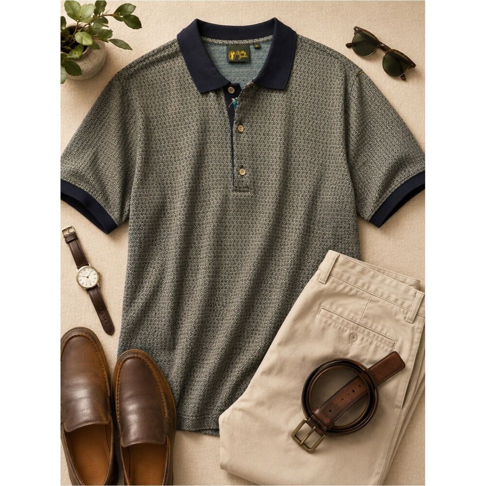 Bobby Jones Grey Patterned Polo with Navy Trim